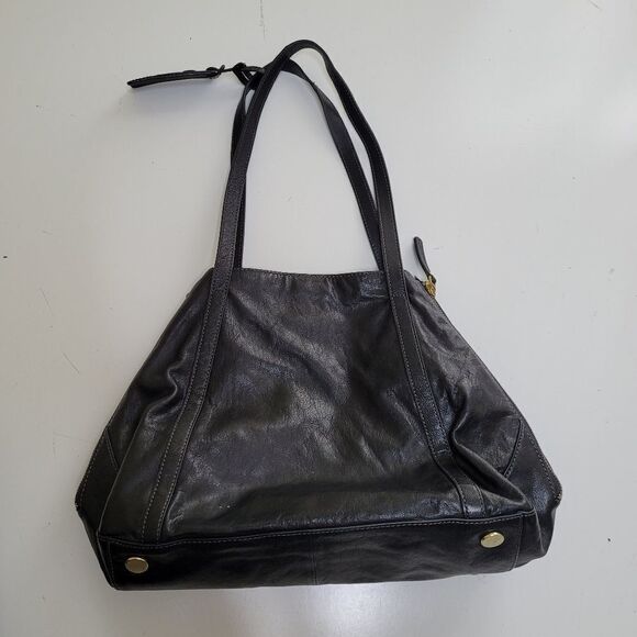 FOSSIL EXPANDABLE ZIP LEATHER BLACK TRIANGLE PURSE SHOULDER TRAVEL BAG - Picture 10 of 15